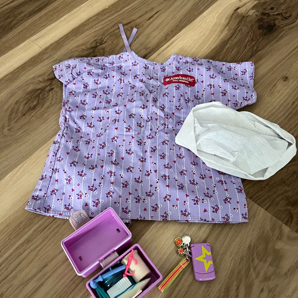 American Girl Doll Hospital Purple Gown Hat Bandage Box Telephone